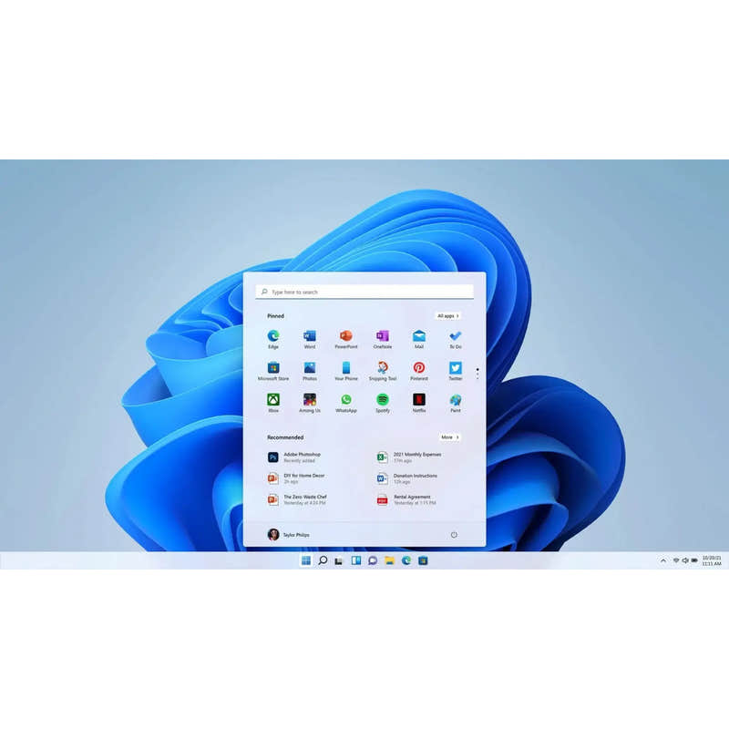 Windows 11 Enterprise zeigt das moderne Startmenü mit angehefteten Apps und Empfehlungen auf dem Desktop